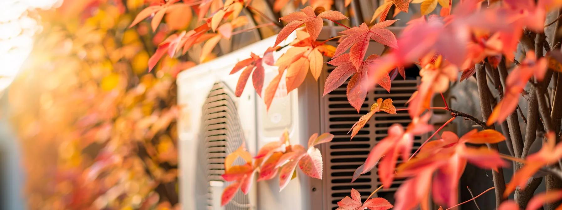 HVAC unit surrounded by vibrant fall foliage, symbolizing seasonal home maintenance and comfort tips for homeowners in Mentor, Ohio.