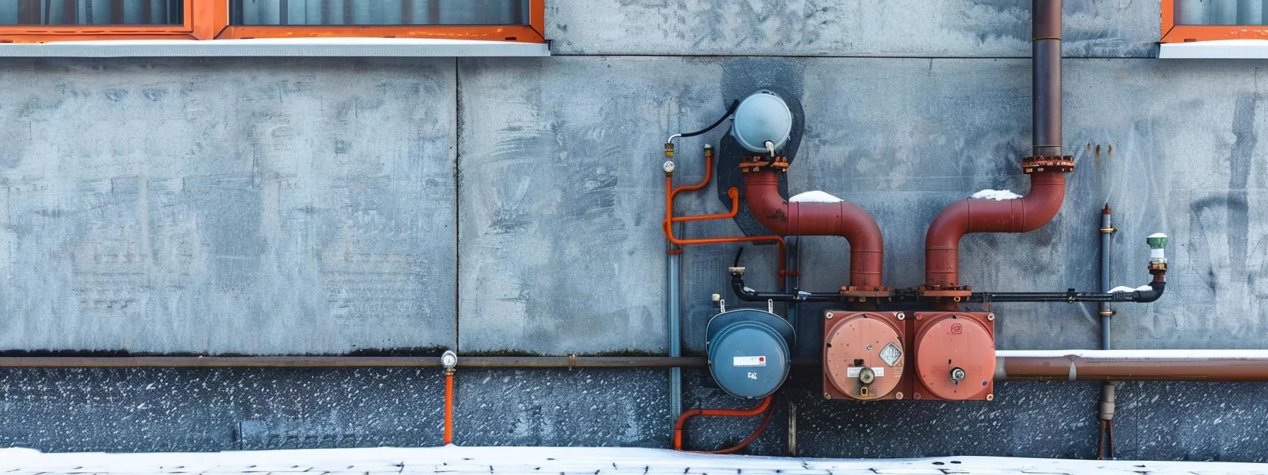 HVAC system components on a gray wall, featuring red pipes, gauges, and a meter, illustrating maintenance for fall readiness in Mentor, Ohio.