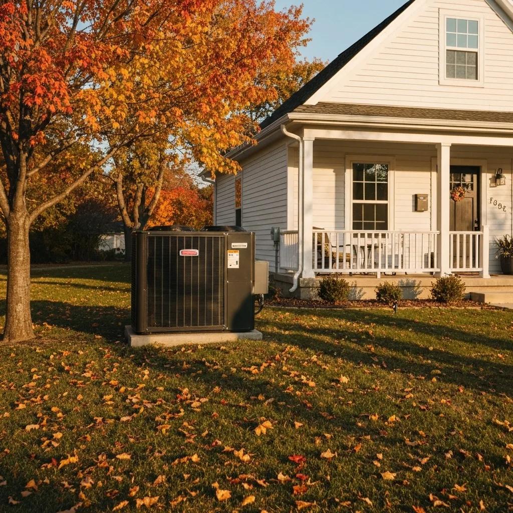 Fall HVAC system outside a Frisco home surrounded by autumn leaves