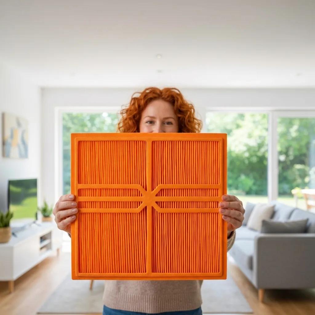 Homeowner holding a clean air filter in a bright living room