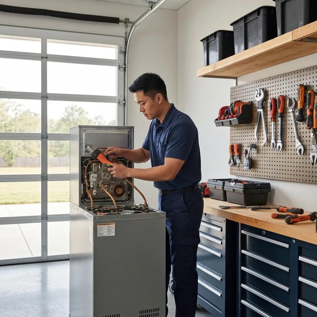 Technician inspecting a furnace as part of fall HVAC maintenance