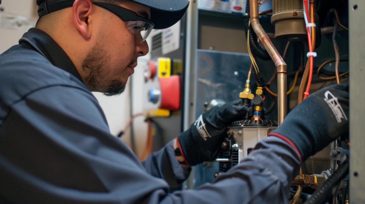 Technician inspecting and repairing a furnace, focusing on mechanical components, in a home setting during winter.