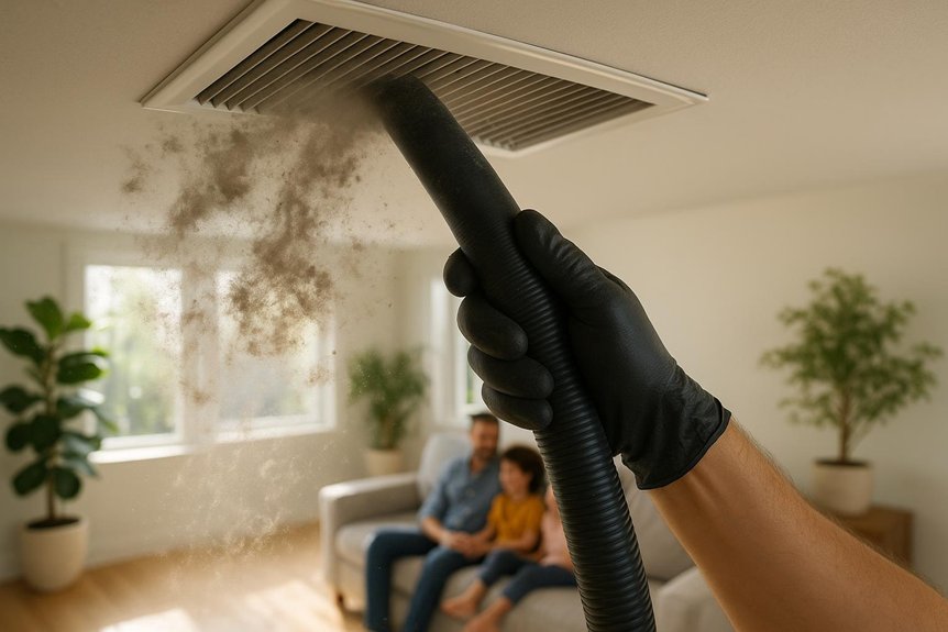 Hand in black glove using vacuum hose to clean air duct, dust particles visible, with family sitting on couch in background, emphasizing importance of air duct cleaning for healthier homes.