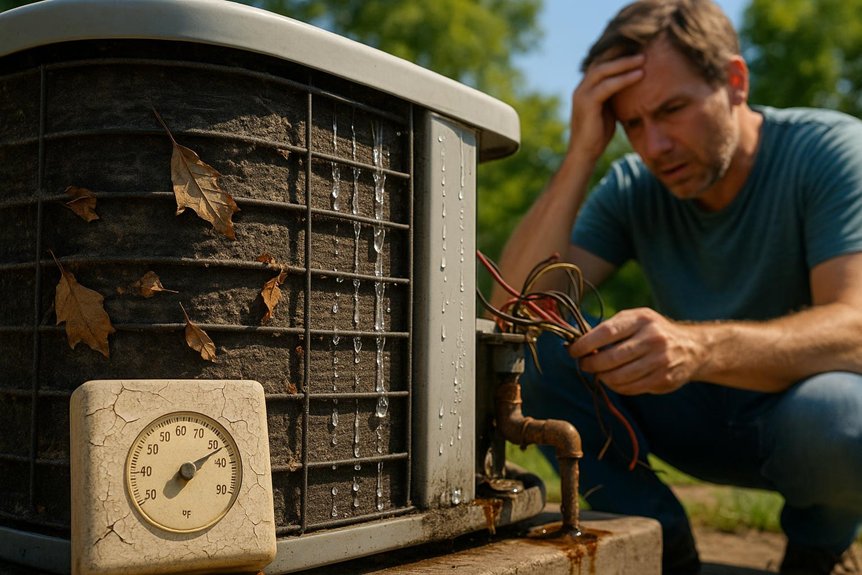 Man examining malfunctioning air conditioning unit with leaves and water droplets, indicating potential repair needs before summer heat in Mentor, Ohio.
